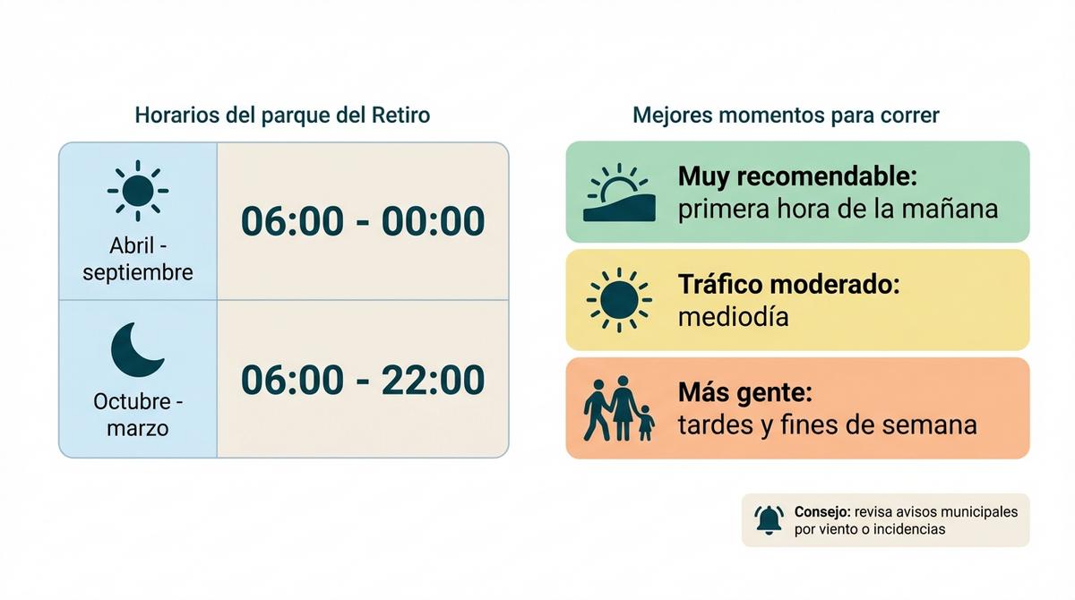 Diagrama que muestra los horarios de apertura del parque del Retiro y las franjas recomendadas para correr.
