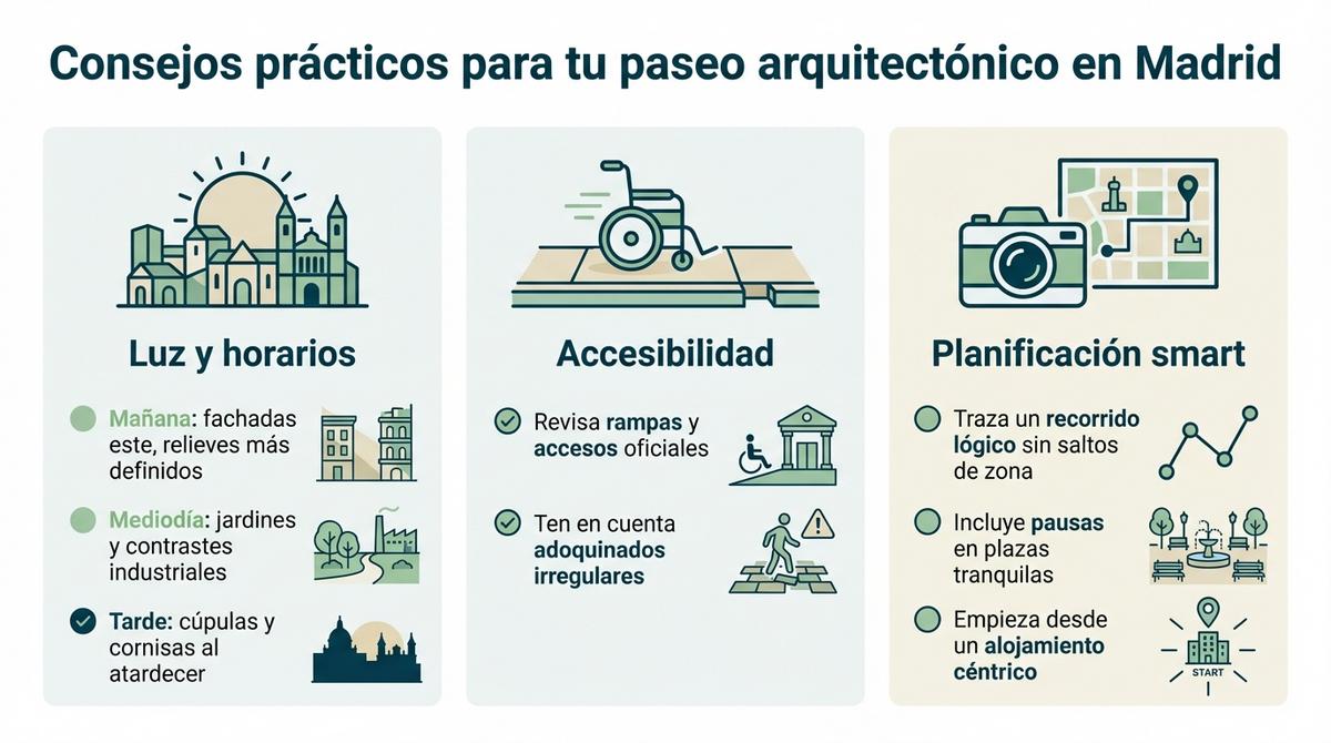 Infografía con consejos sobre luz, accesibilidad y planificación para una ruta de arquitectura a pie por Madrid.
