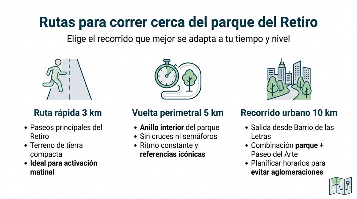 Infografía con tres columnas que resumen rutas de 3, 5 y 10 kilómetros para correr cerca del parque del Retiro.