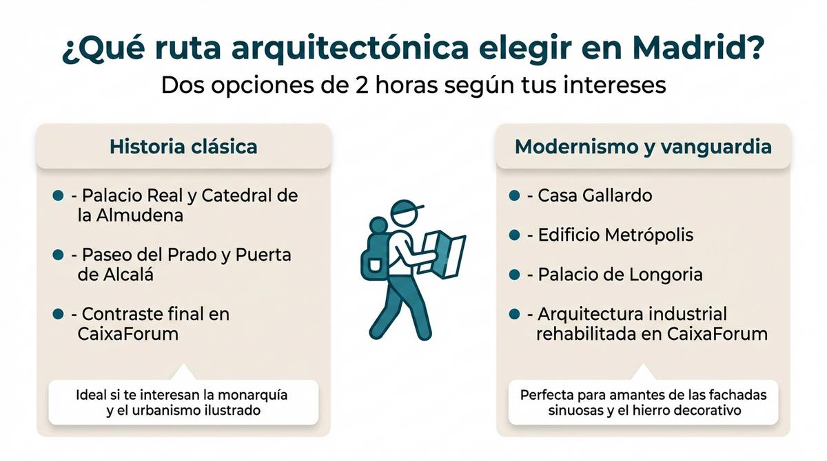 Infografía que compara una ruta de arquitectura clásica y otra de modernismo y vanguardia en Madrid.