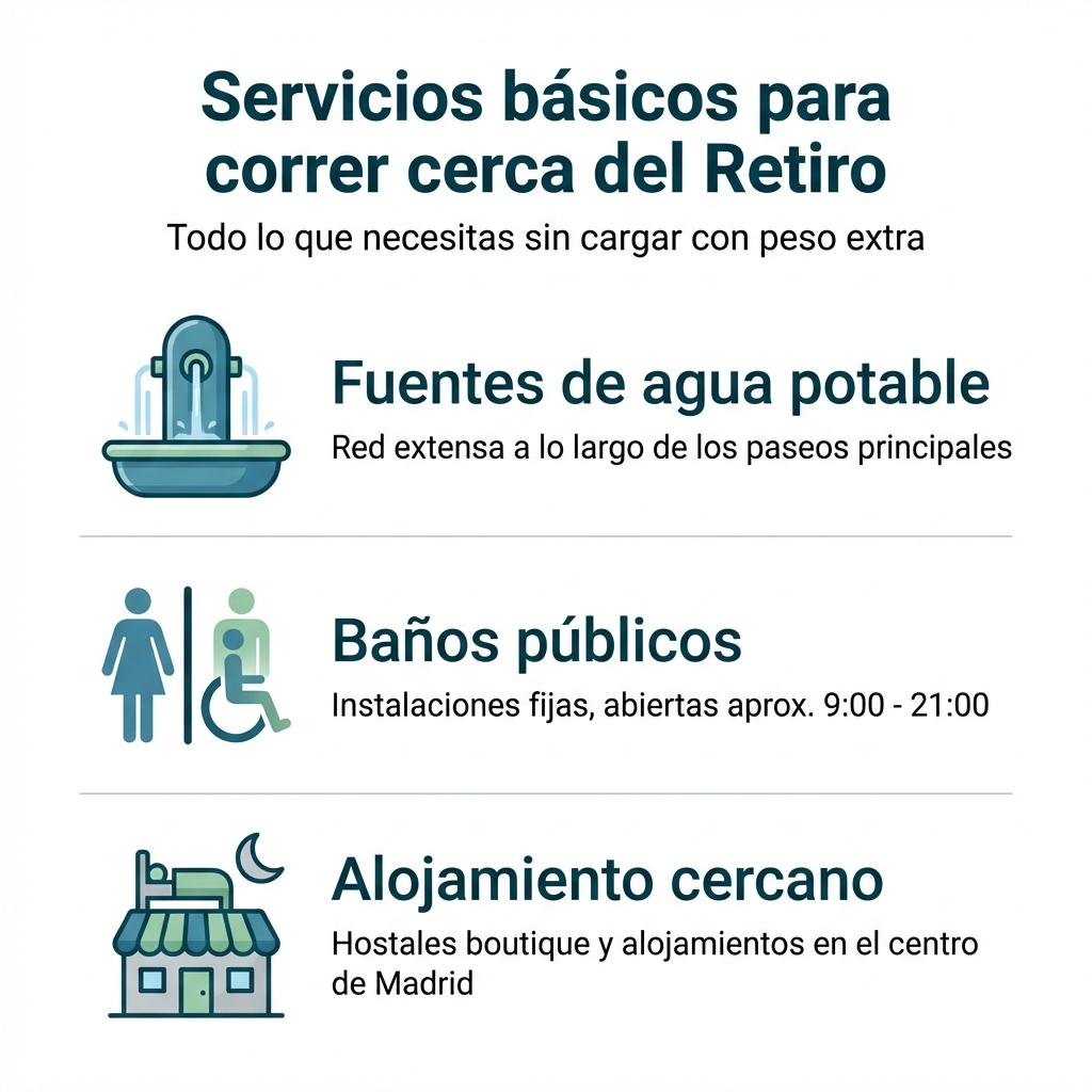 Infografía sobre fuentes de agua, baños públicos y alojamiento cercano para correr en el Retiro.