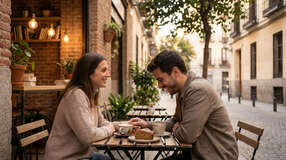 Pareja tomando café y conversando en una cafetería acogedora del centro de Madrid.