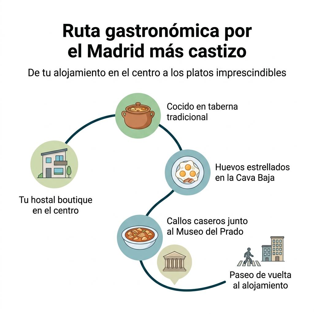 Diagrama con un recorrido a pie que conecta un hostal en el centro de Madrid con varios locales de comida típica.