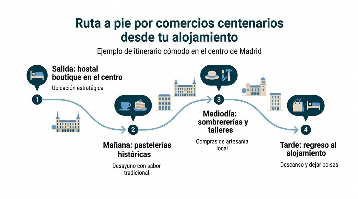 Diagrama de una ruta a pie por comercios centenarios en el centro de Madrid desde un hostal boutique