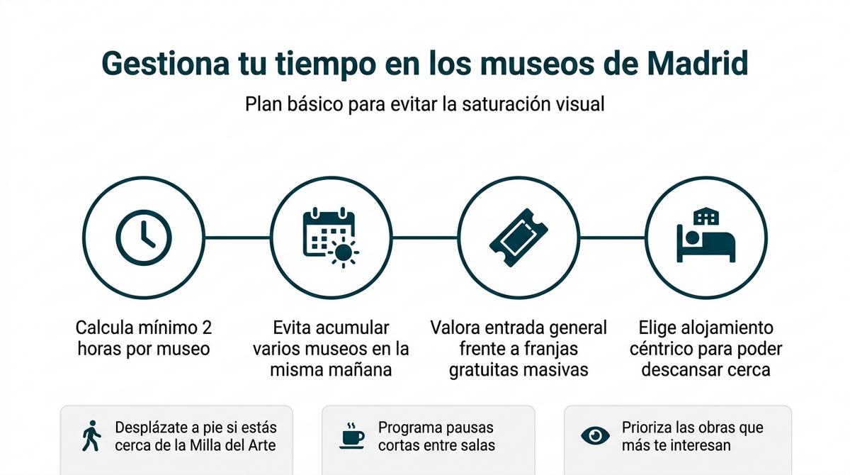 Diagrama en forma de línea de tiempo con pasos para gestionar el tiempo al visitar museos en Madrid y evitar la fatiga visual.