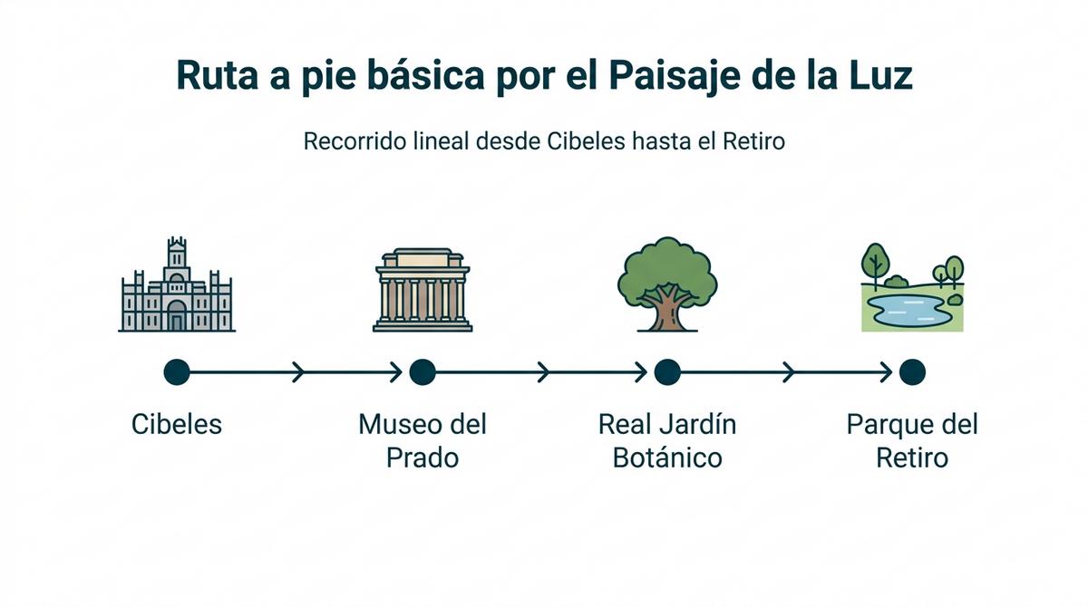Diagrama esquemático de una ruta a pie básica por el Paisaje de la Luz de Cibeles al Retiro.