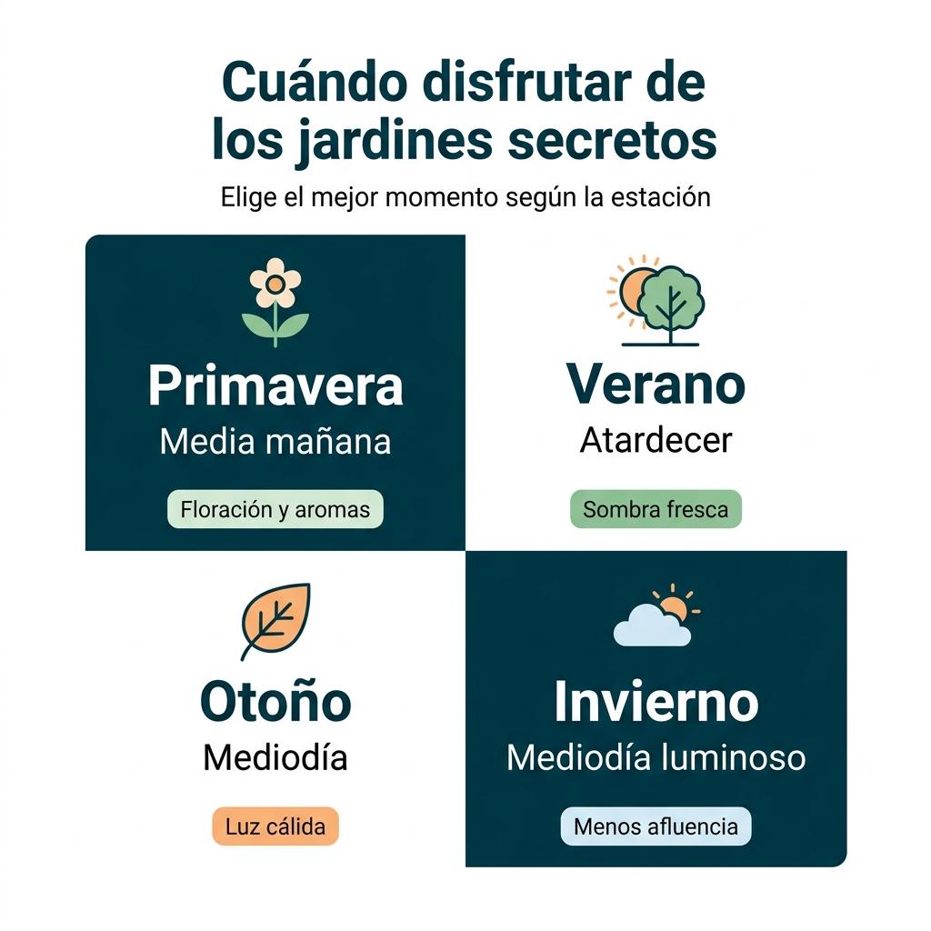 Diagrama estacional que muestra el mejor momento del día para visitar jardines secretos en Madrid según la época del año.