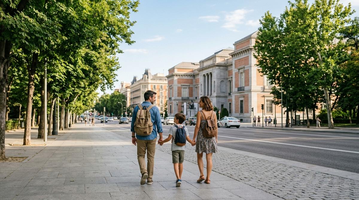 Familia caminando por el Paseo del Prado hacia la zona de los grandes museos de Madrid en un ambiente tranquilo y soleado.