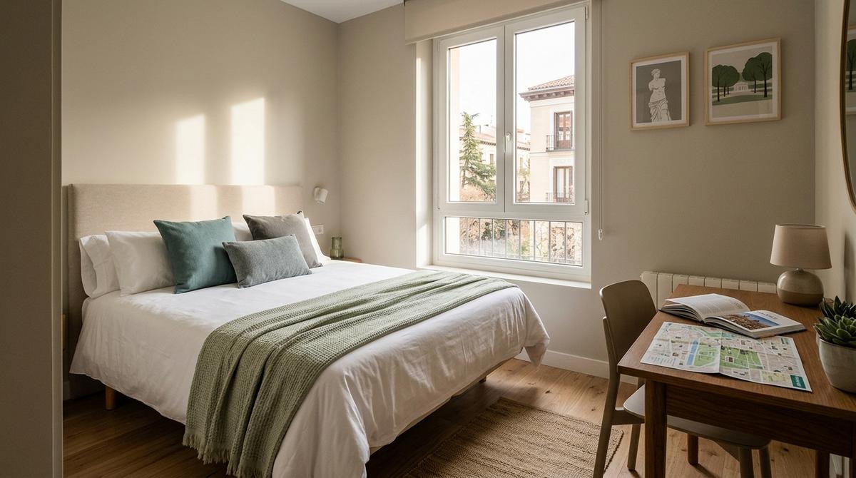 Habitación luminosa de hostal boutique en el centro de Madrid con cama doble y escritorio con mapa turístico.