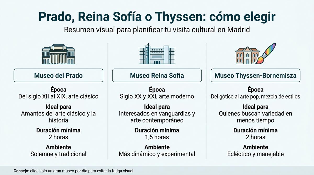 Infografía comparativa que resume diferencias clave entre el Prado, el Reina Sofía y el Thyssen para ayudar a elegir qué museo visitar en Madrid.