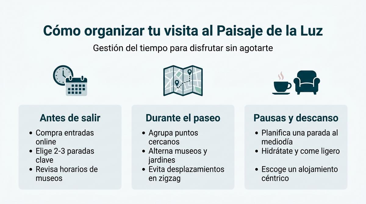 Infografía con consejos para organizar el tiempo al visitar el Paisaje de la Luz en Madrid.
