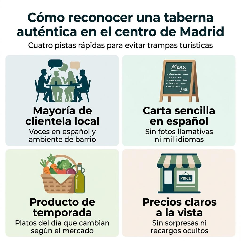 Infografía con cuatro claves visuales para identificar una taberna auténtica en el centro de Madrid.
