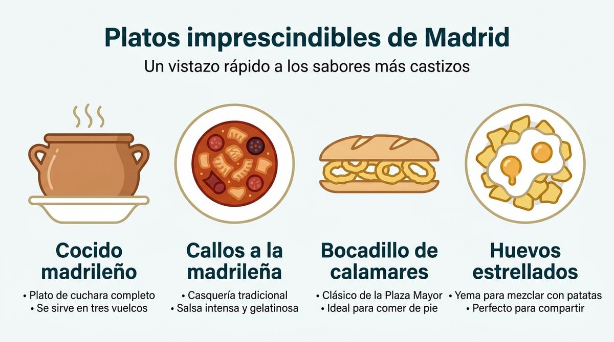 Infografía con cuatro columnas que resumen los platos imprescindibles de la gastronomía madrileña.