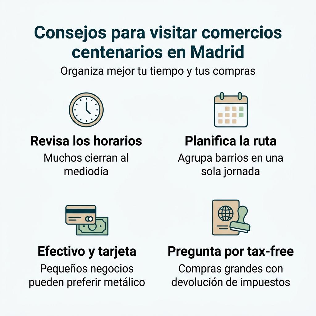 Infografía con cuatro consejos clave para visitar comercios centenarios en Madrid