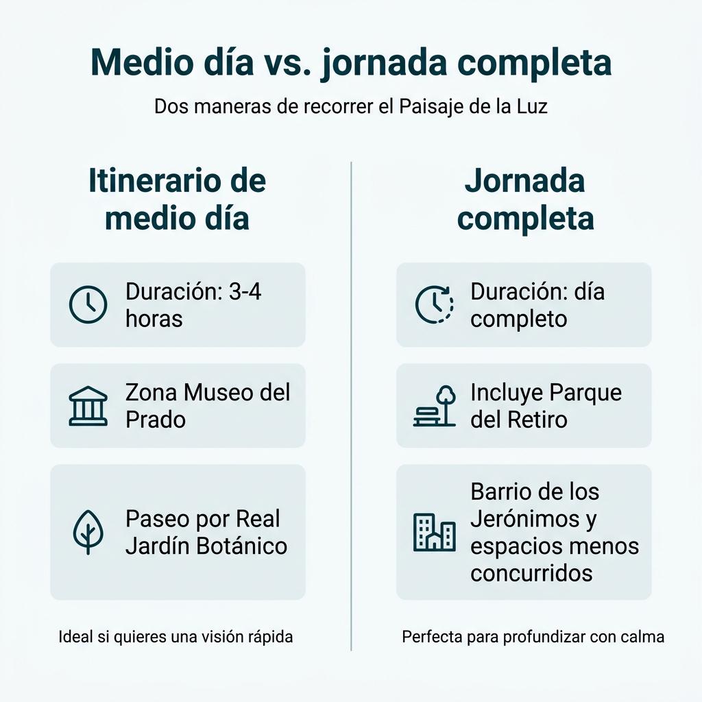 Infografía que compara un itinerario de medio día y una jornada completa para visitar el Paisaje de la Luz.