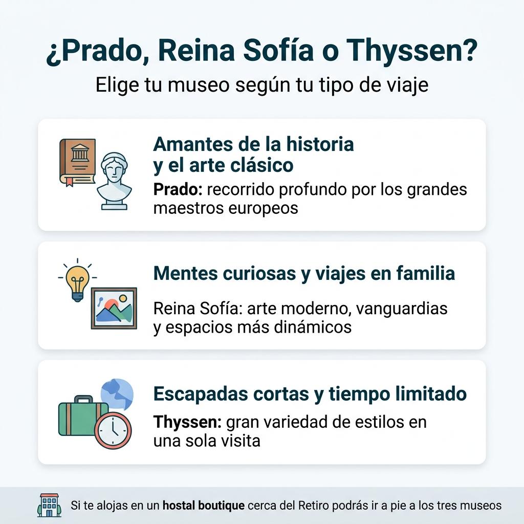 Infografía que recomienda Prado, Reina Sofía o Thyssen según si el viajero valora más la historia clásica, el arte contemporáneo o una experiencia variada en poco tiempo.