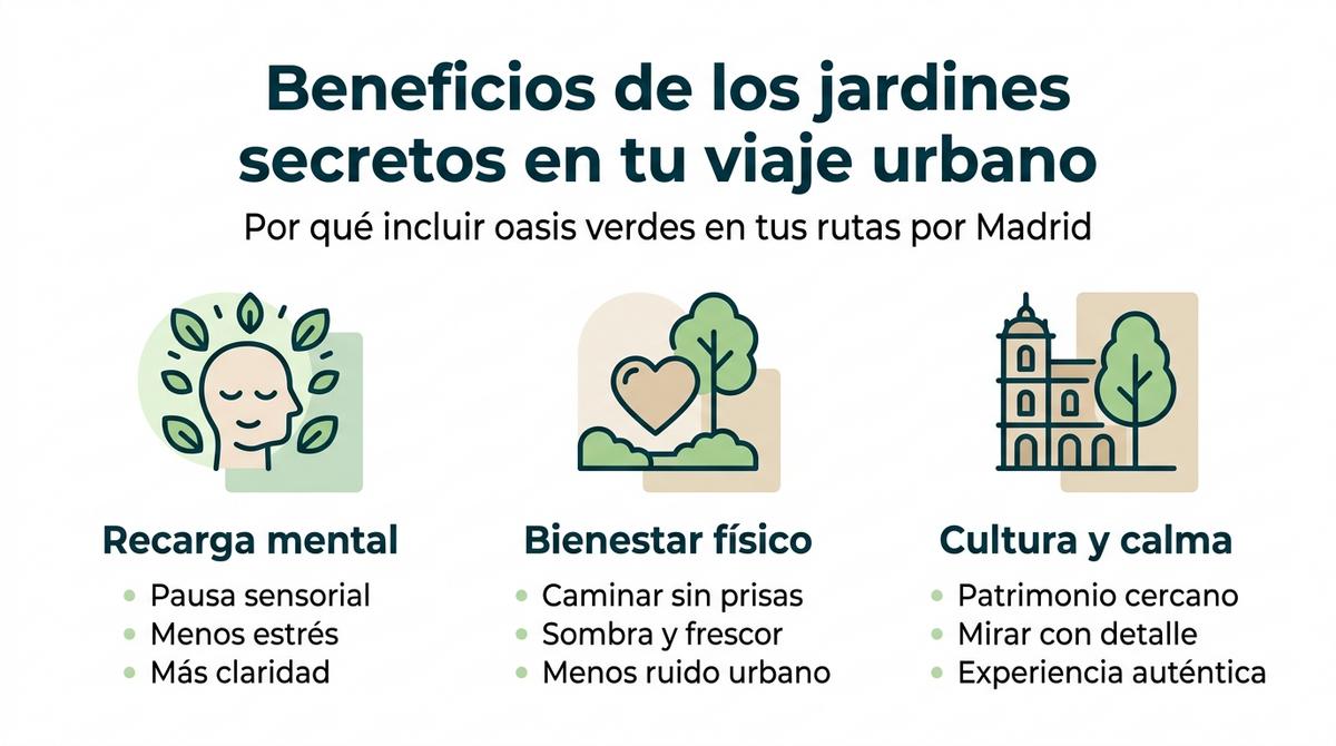 Infografía que resume los beneficios de incluir jardines secretos en un viaje urbano por Madrid.