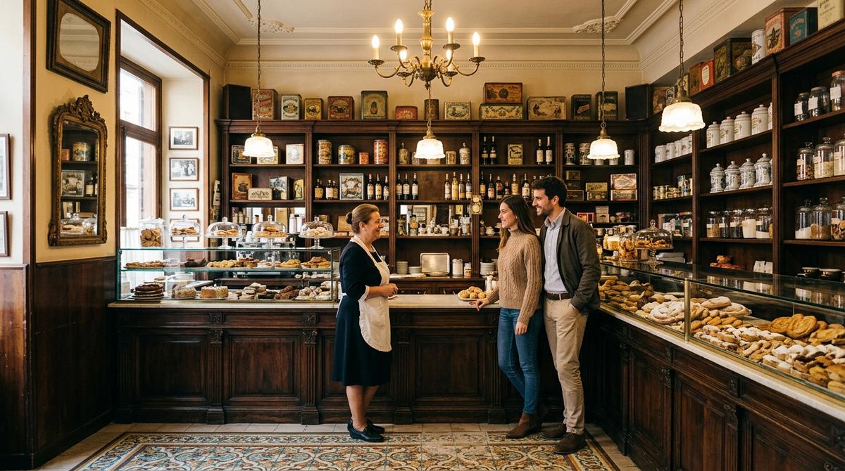 Interior de una pastelería histórica de Madrid con mostrador de madera y vitrinas llenas de dulces clásicos