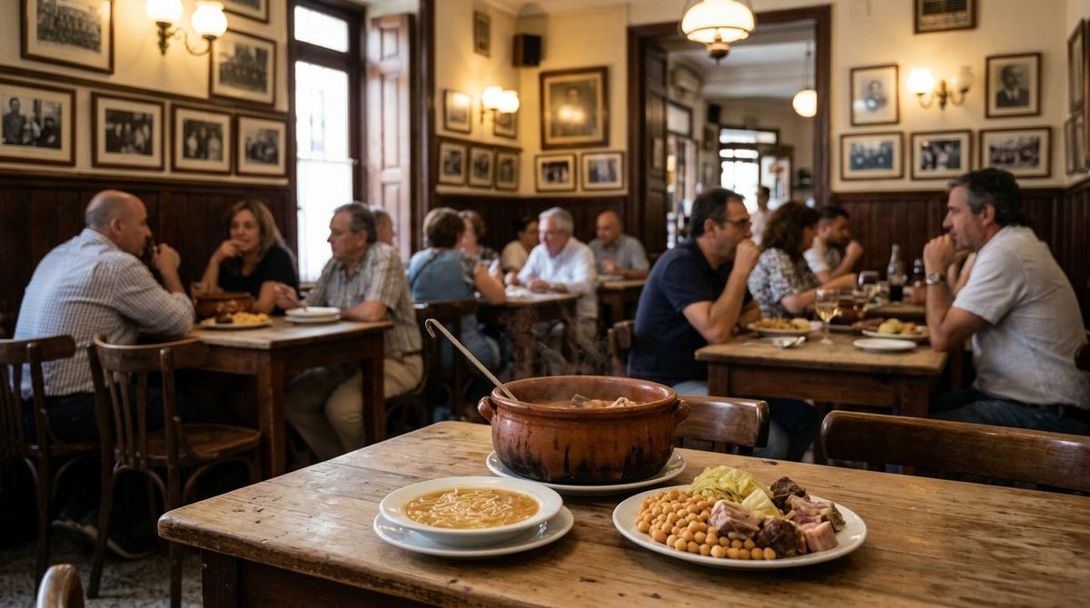 Interior de una taberna tradicional madrileña con un cocido servido en puchero de barro sobre la mesa.