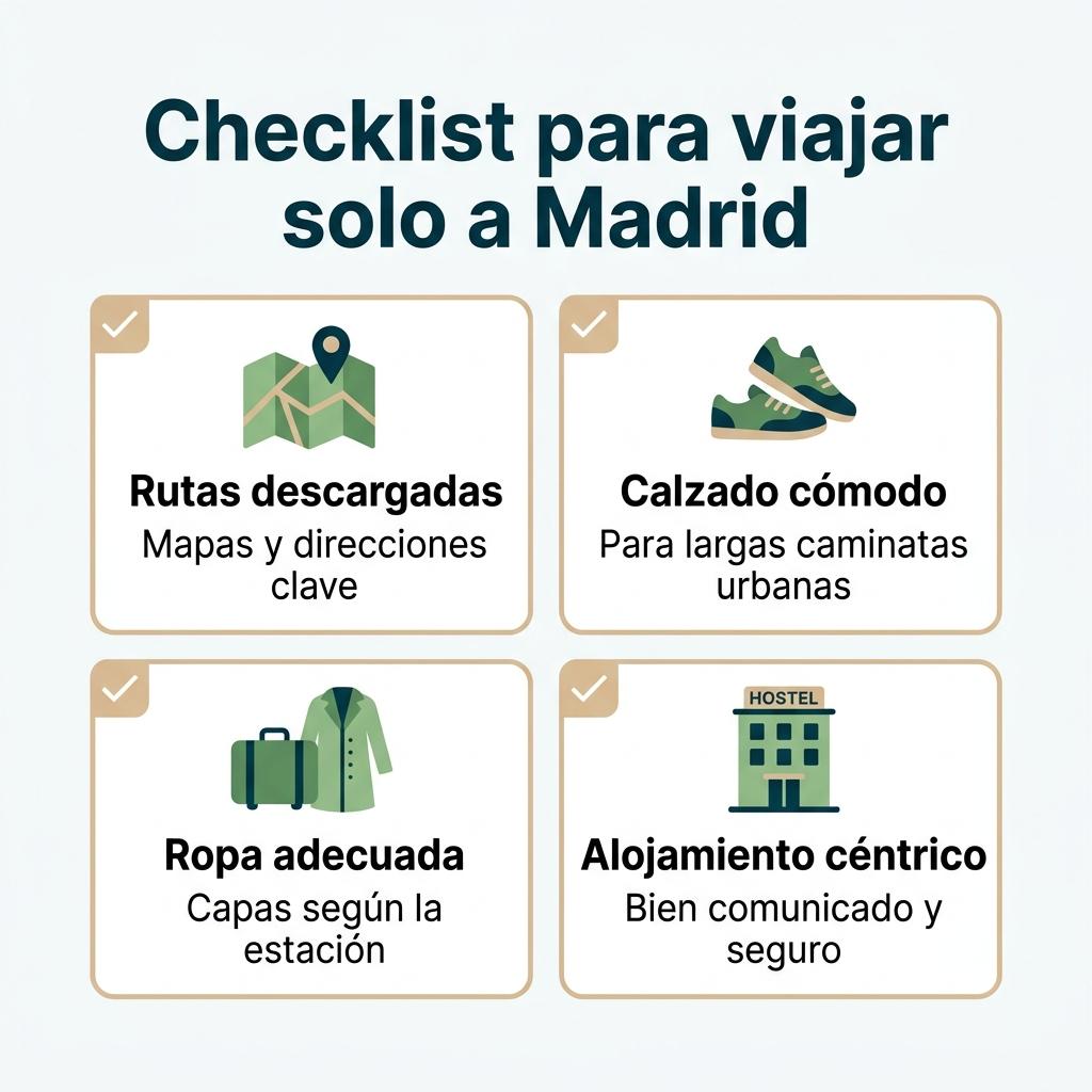 Diagrama con checklist visual de cuatro puntos para preparar un viaje en solitario a Madrid.