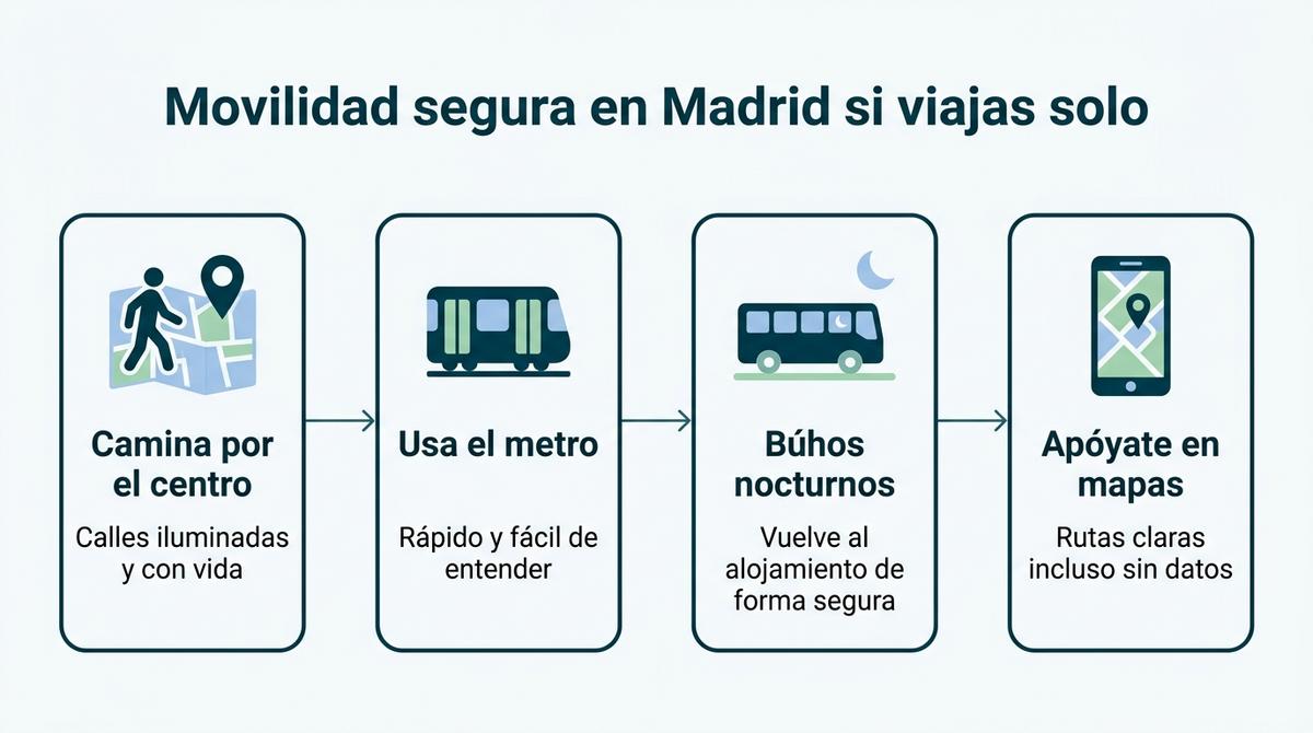 Diagrama de flujo con cuatro pasos para moverse por Madrid de forma segura al viajar solo.