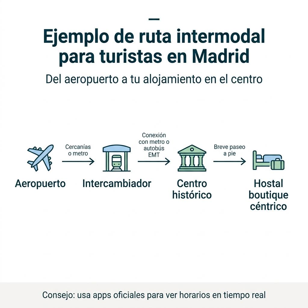 Diagrama de flujo que ilustra un recorrido intermodal desde el aeropuerto de Madrid hasta un hostal en el centro.