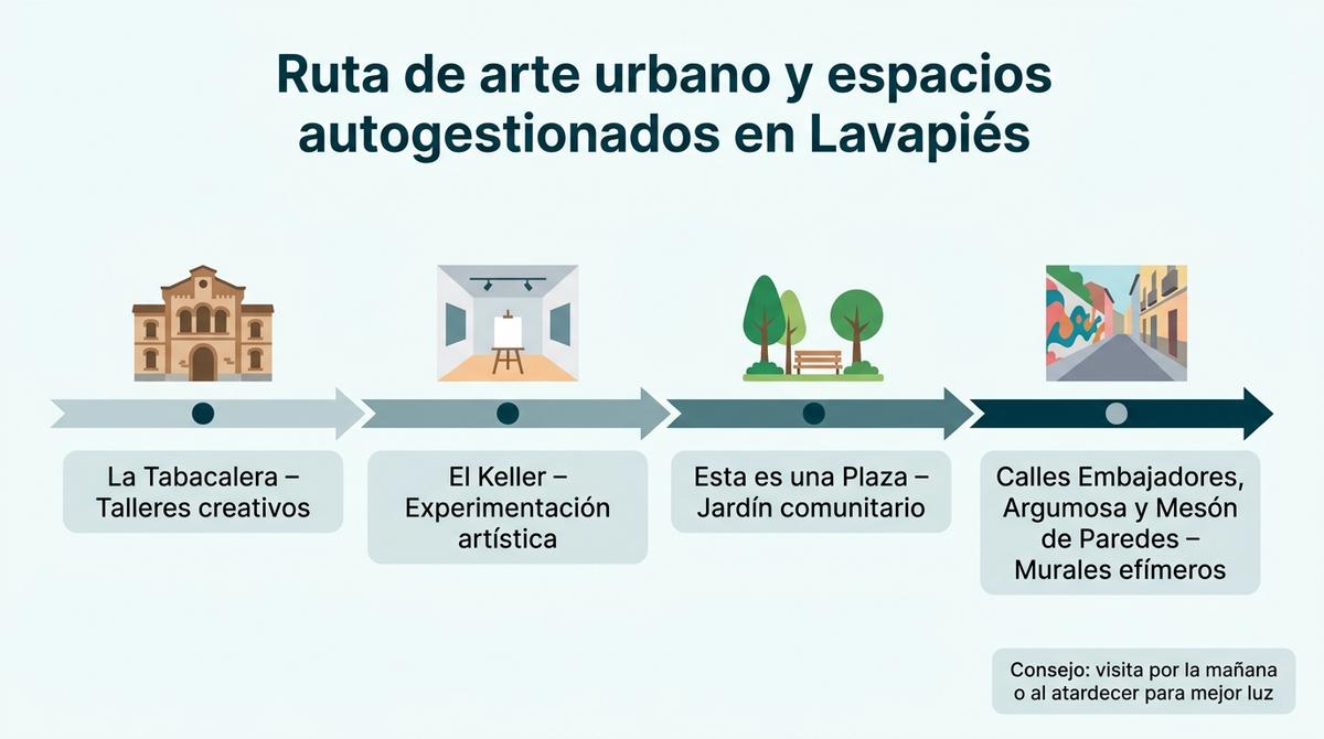 Diagrama que presenta una ruta por espacios de arte urbano y centros sociales autogestionados en Lavapiés.