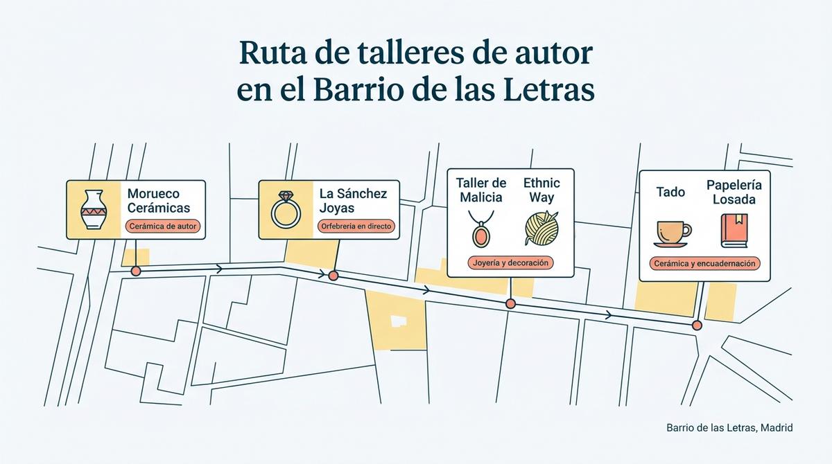 Diagrama tipo mapa esquemático con una ruta por varios talleres de autor del Barrio de las Letras en Madrid