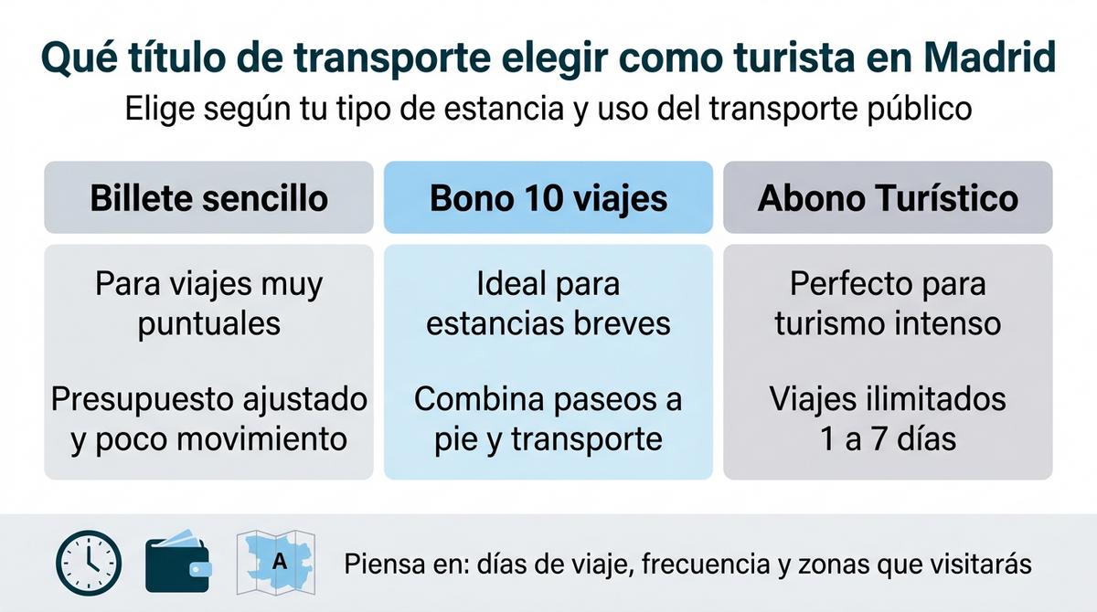 Infografía comparativa de billete sencillo, bono de diez viajes y abono turístico en Madrid.