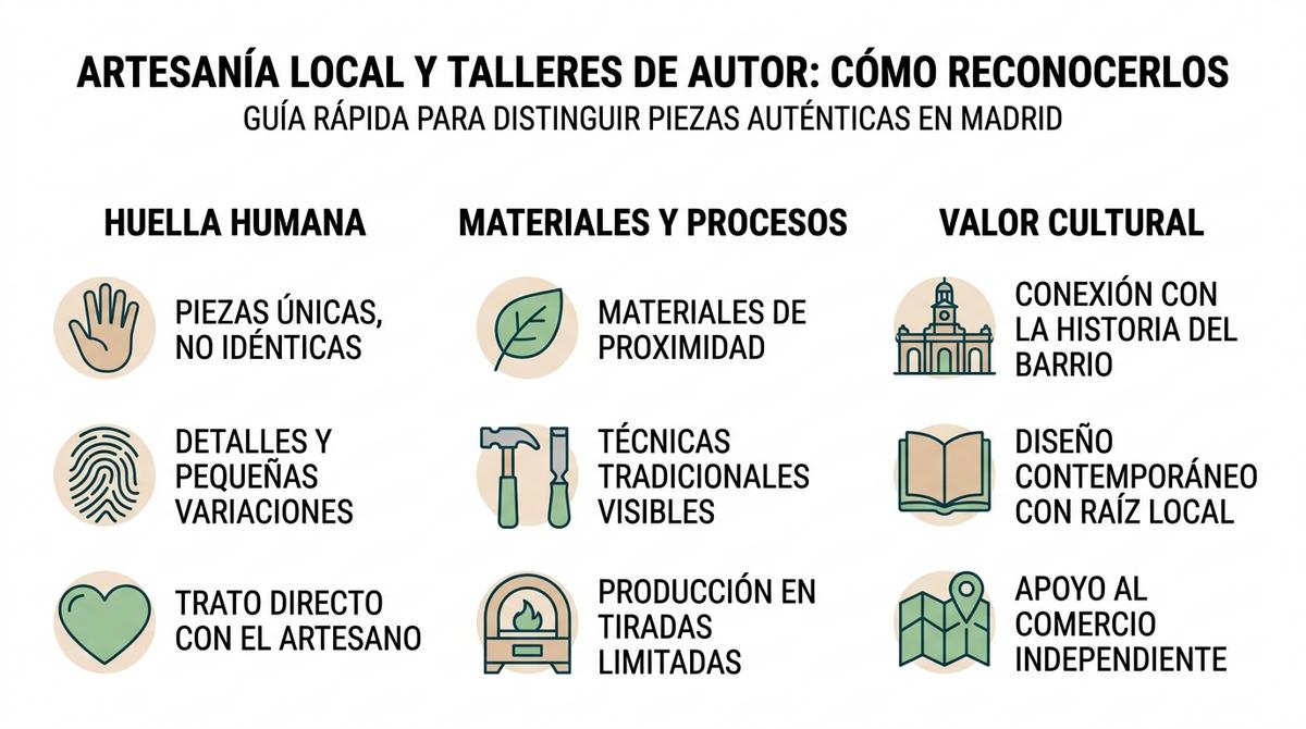 Infografía con columnas que explican cómo reconocer artesanía local y talleres de autor auténticos en Madrid