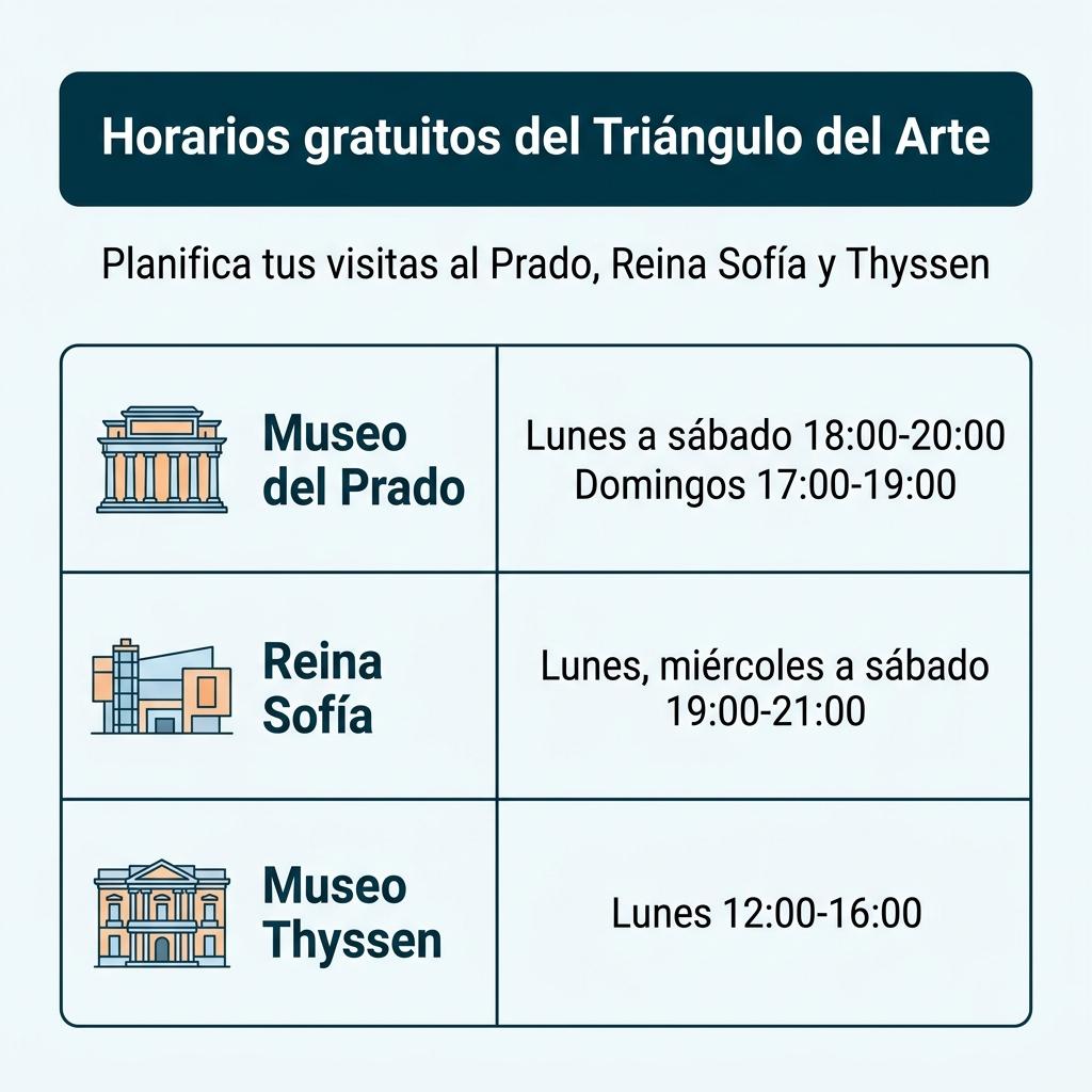 Infografía con tabla de horarios gratuitos de los museos del Prado, Reina Sofía y Thyssen en Madrid.