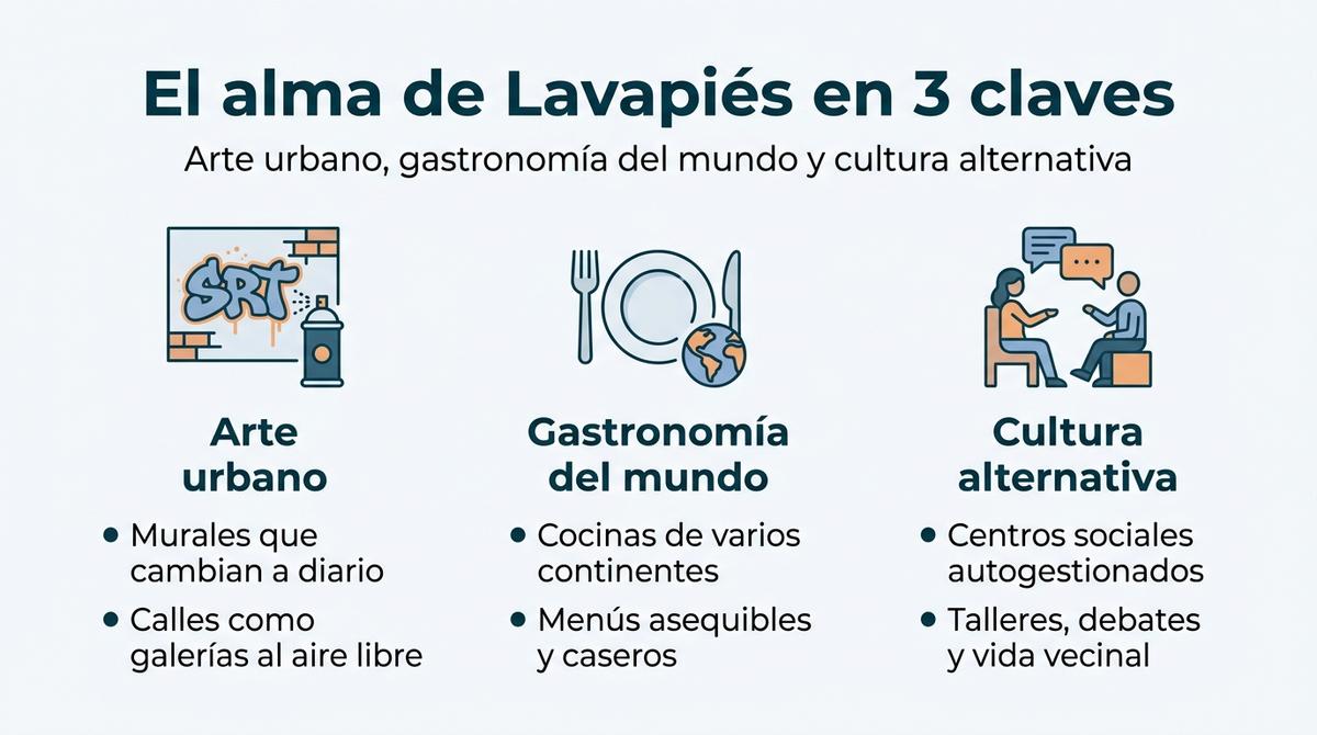 Infografía con tres columnas que resumen arte urbano, gastronomía del mundo y cultura alternativa en Lavapiés.