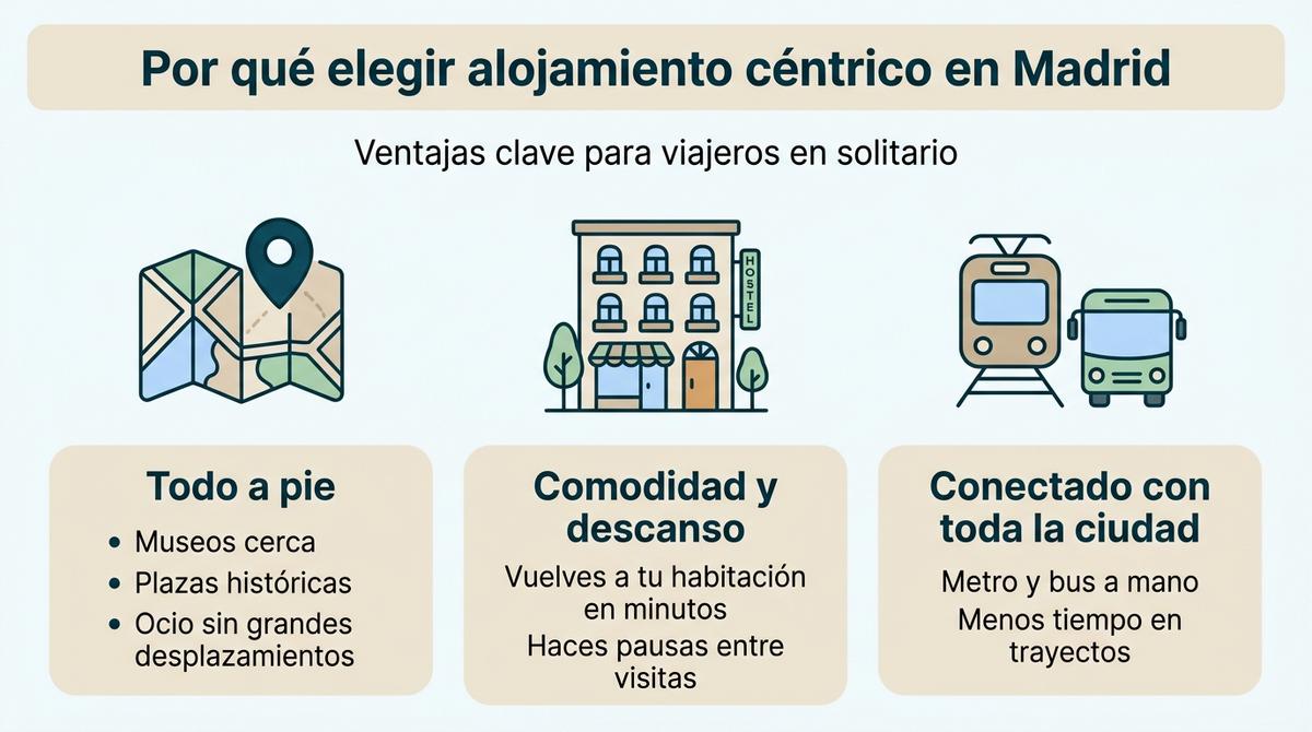 Infografía con tres columnas sobre las ventajas de alojarse en el centro de Madrid para viajar solo.