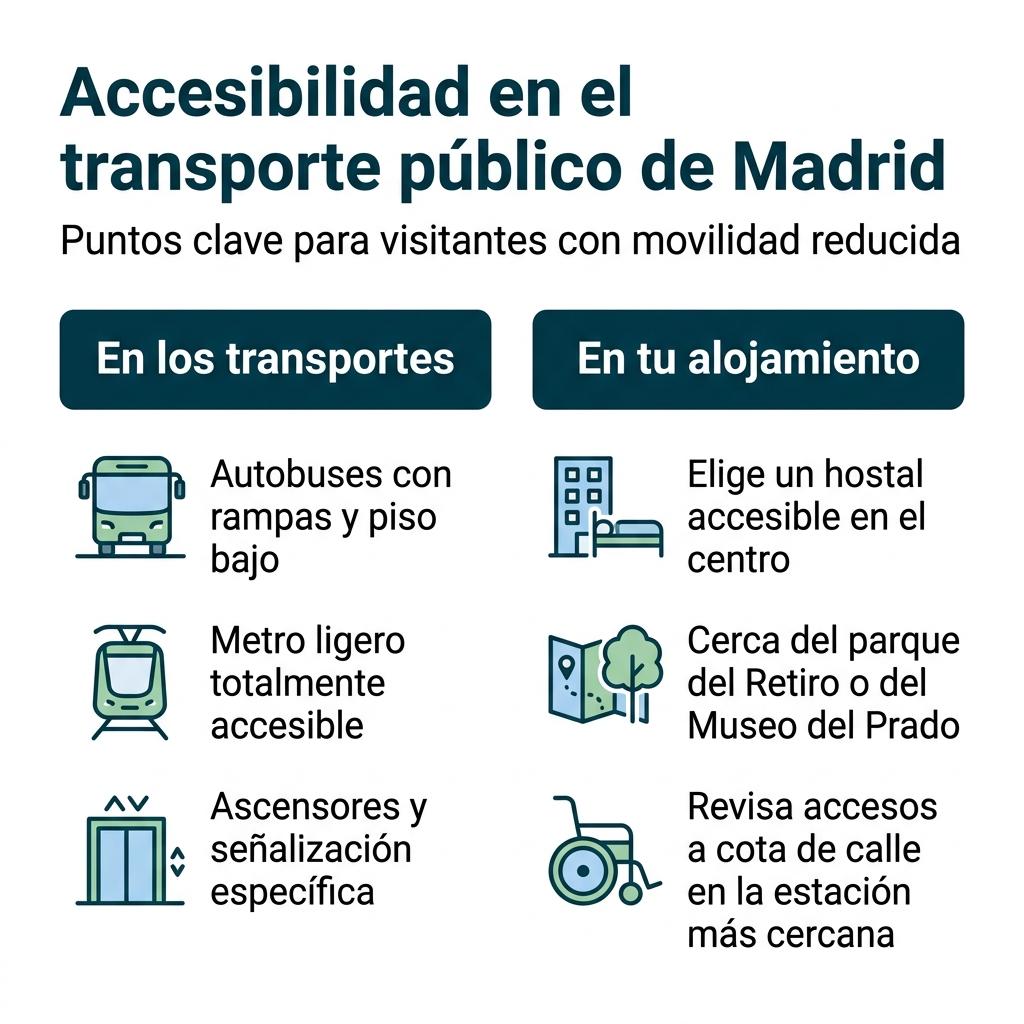 Infografía con un checklist de accesibilidad en el transporte público y alojamientos céntricos de Madrid.