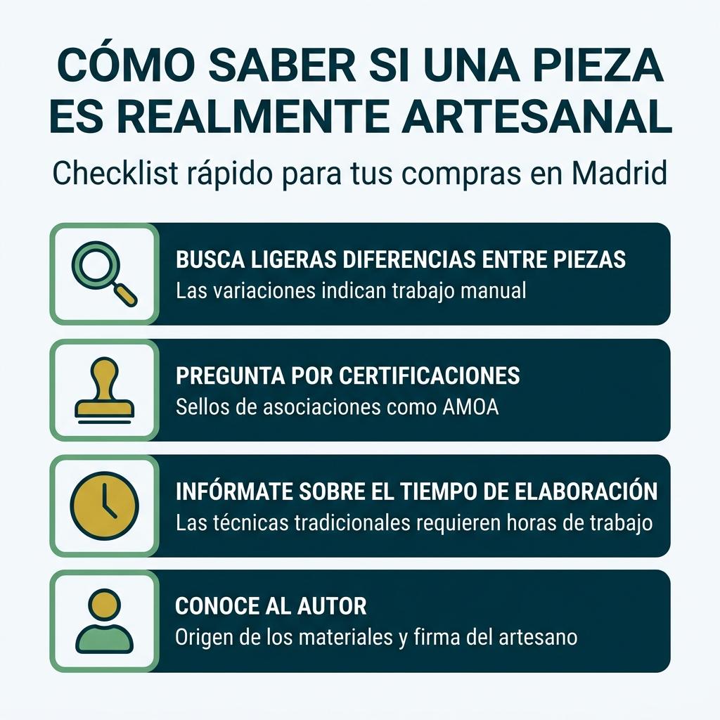 Infografía en formato checklist con pasos para comprobar si una pieza es realmente artesanal