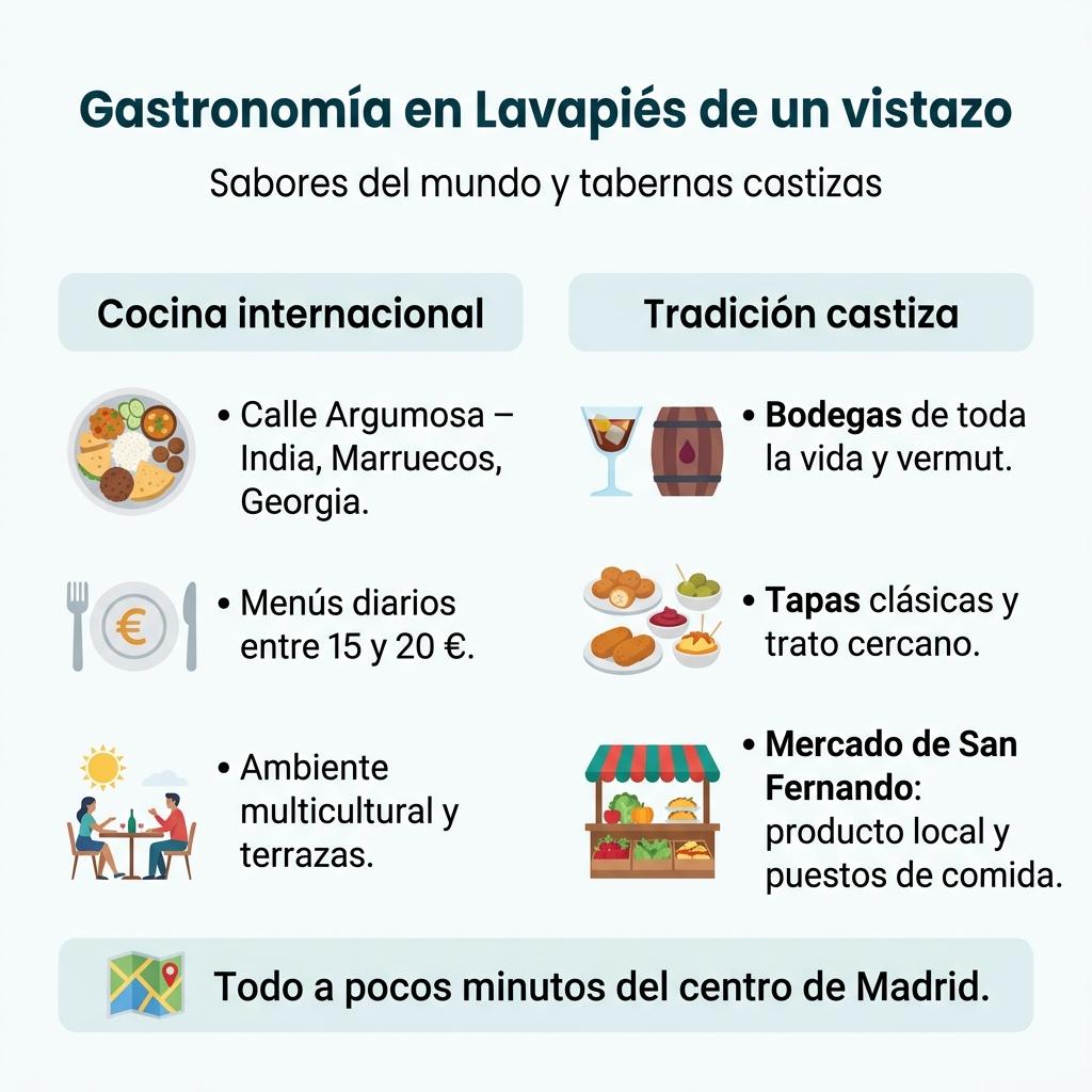 Infografía que compara la oferta de cocina internacional y tabernas tradicionales en Lavapiés.