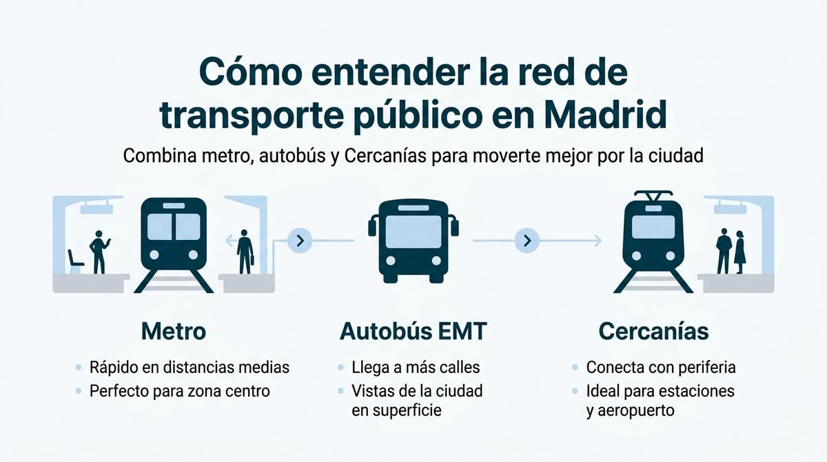 Infografía que resume el uso combinado de metro, autobús y tren de cercanías en Madrid.
