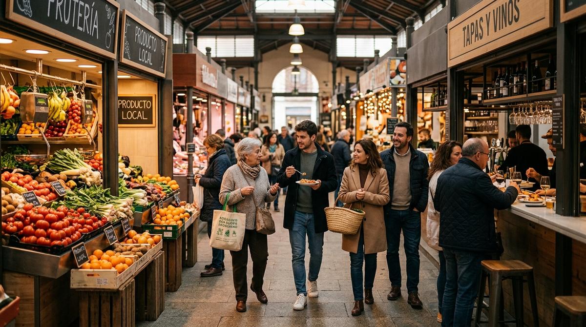 Pasillo interior de un mercado de barrio con puestos de comida y gente comprando y tapeando.