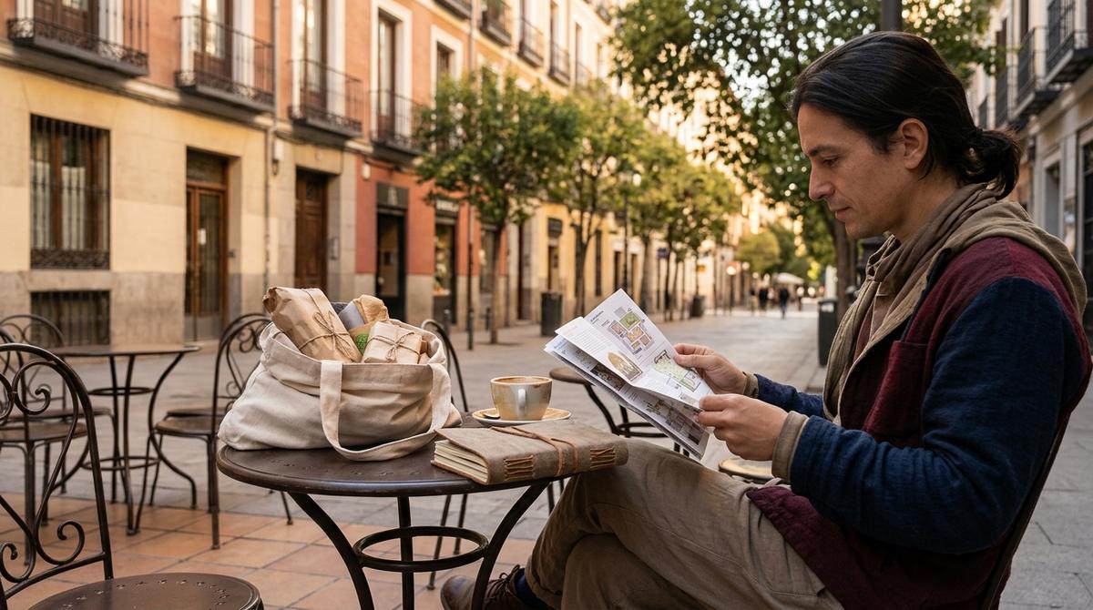 Persona descansando en una terraza del Barrio de las Letras con compras de artesanía local sobre la mesa