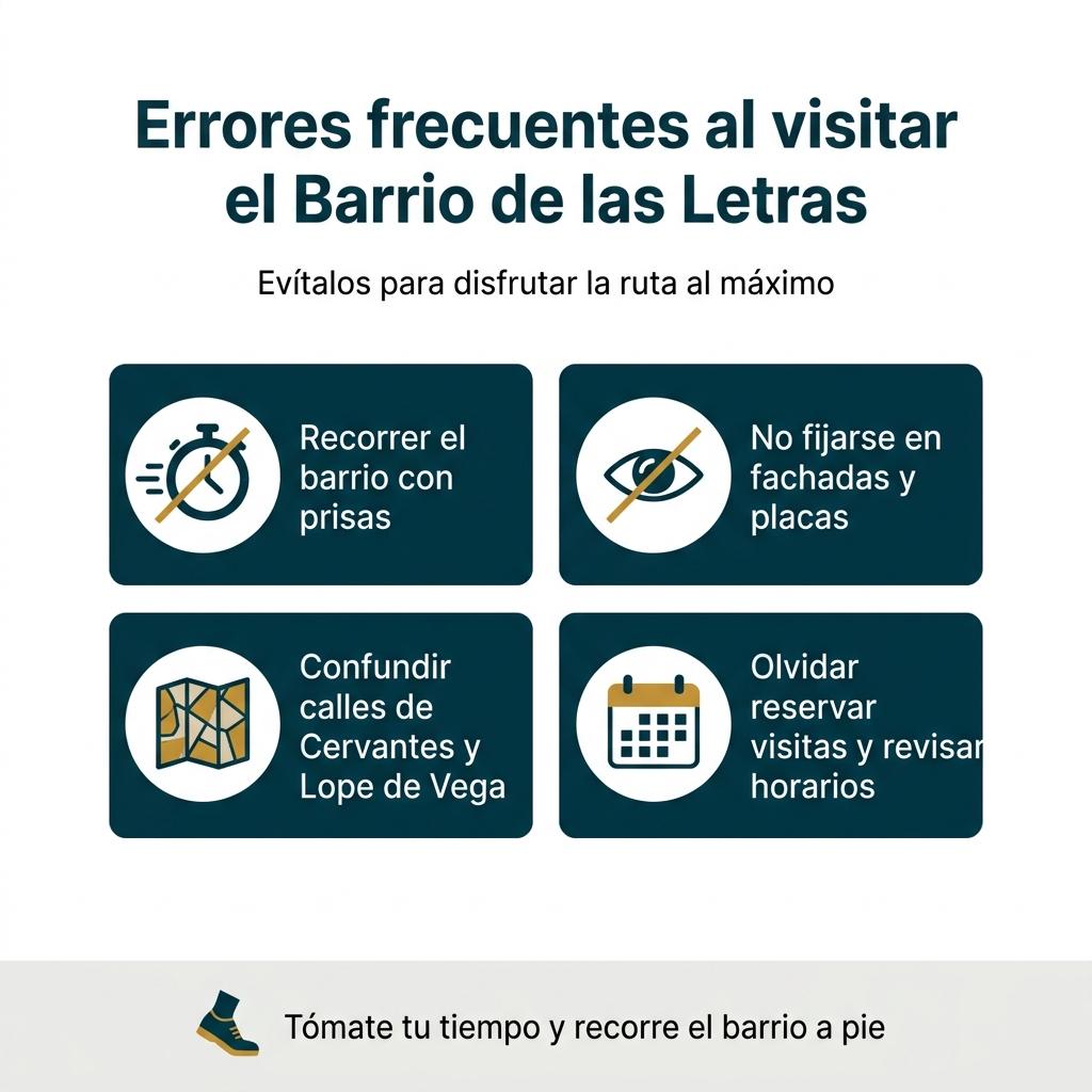 Checklist visual con errores habituales que cometen los visitantes en el Barrio de las Letras de Madrid.