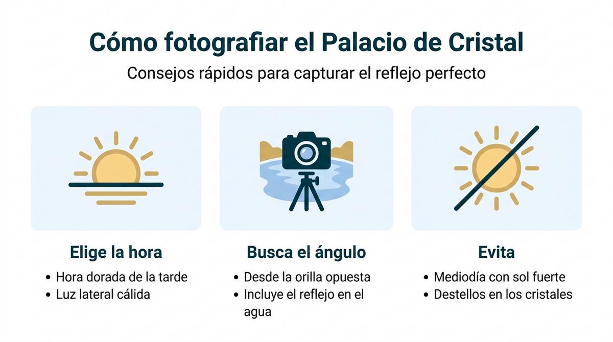 Diagrama con consejos para fotografiar el Palacio de Cristal y su reflejo en el lago