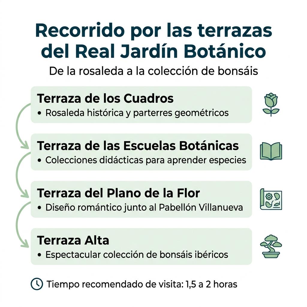 Diagrama con las cuatro terrazas del Real Jardín Botánico de Madrid y la colección de bonsáis ordenadas en un recorrido recomendado.