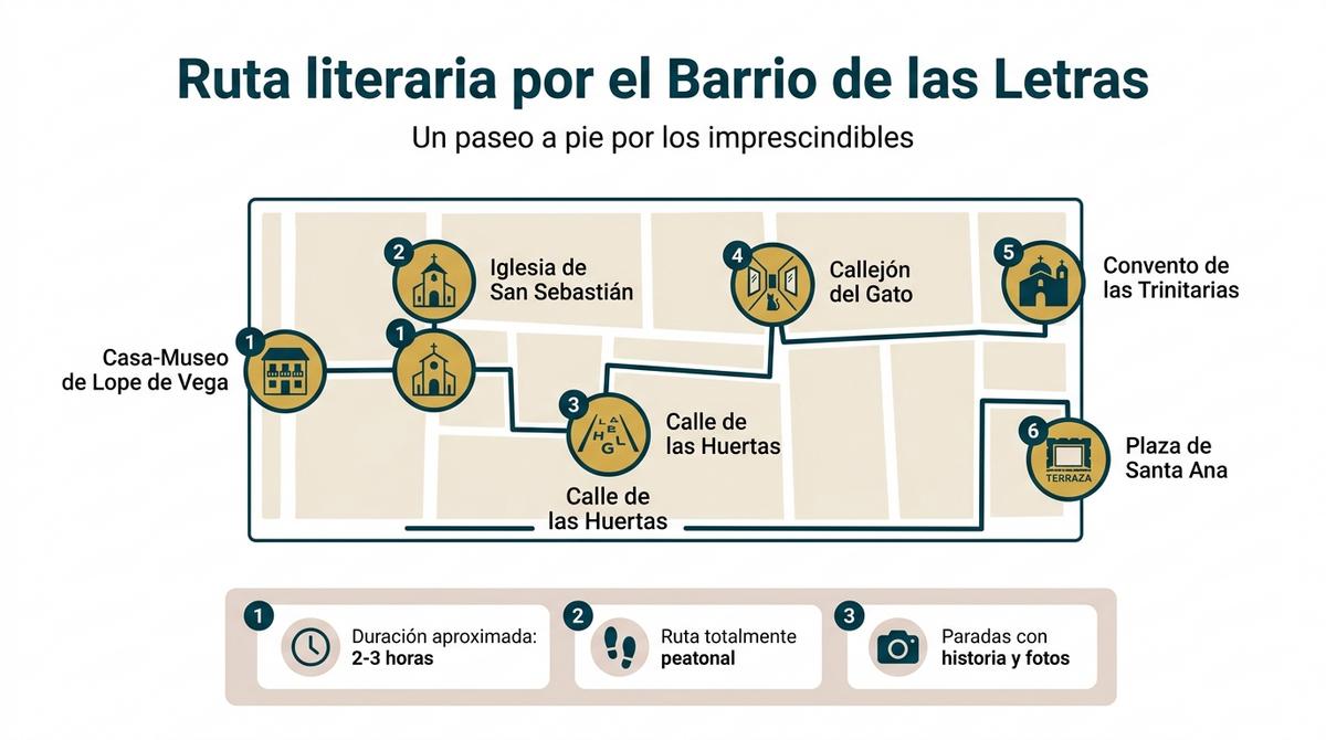 Diagrama tipo mapa con una ruta literaria a pie por el Barrio de las Letras y sus principales paradas culturales.