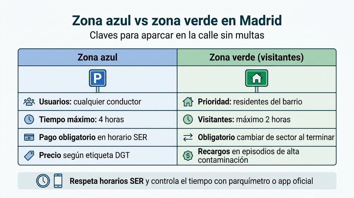 Infografía comparativa de las diferencias entre zona azul y zona verde del estacionamiento regulado en Madrid.
