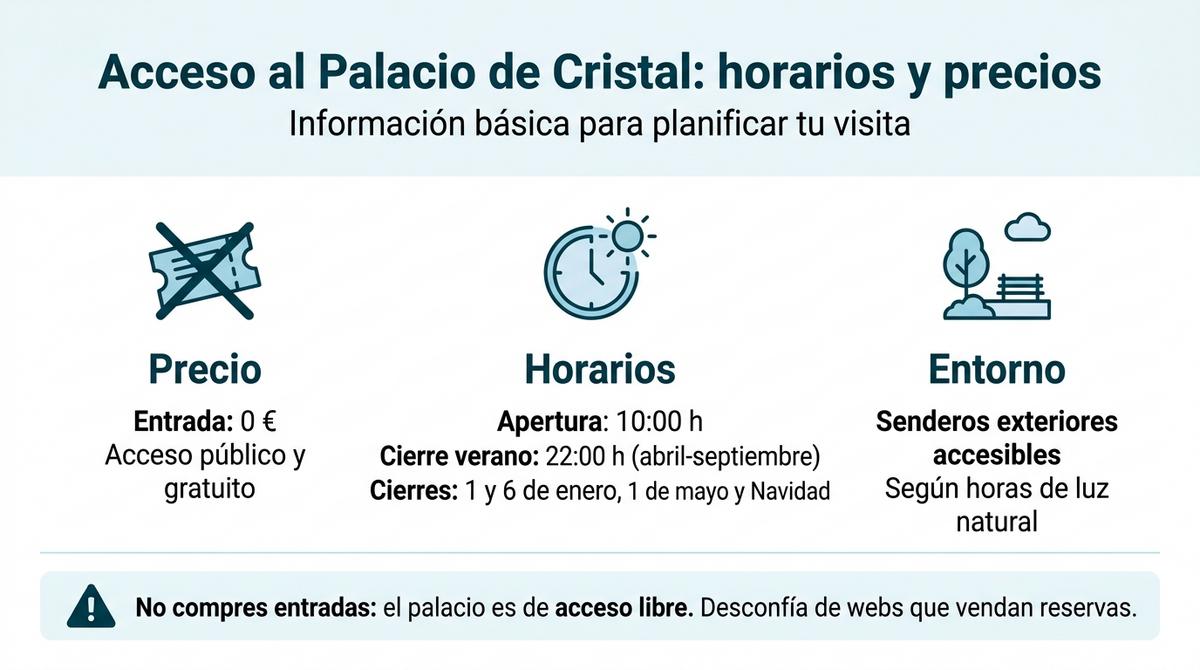 Infografía con horarios y precio de acceso al Palacio de Cristal del Retiro
