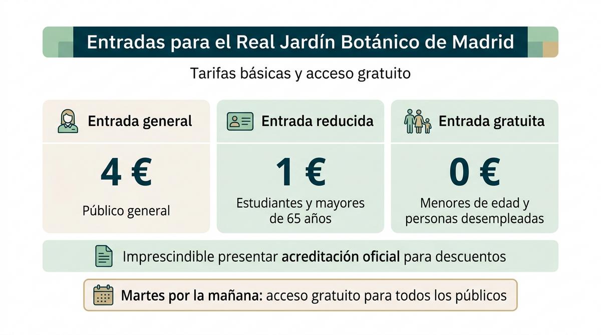 Infografía con las tarifas general, reducida y gratuita del Real Jardín Botánico de Madrid y la franja de acceso gratuito de los martes por la mañana.