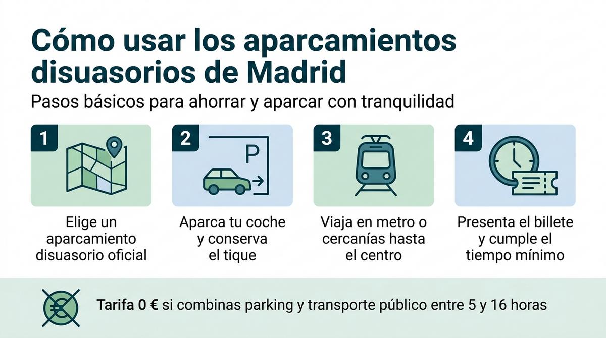 Infografía con los pasos principales para utilizar los aparcamientos disuasorios de Madrid.