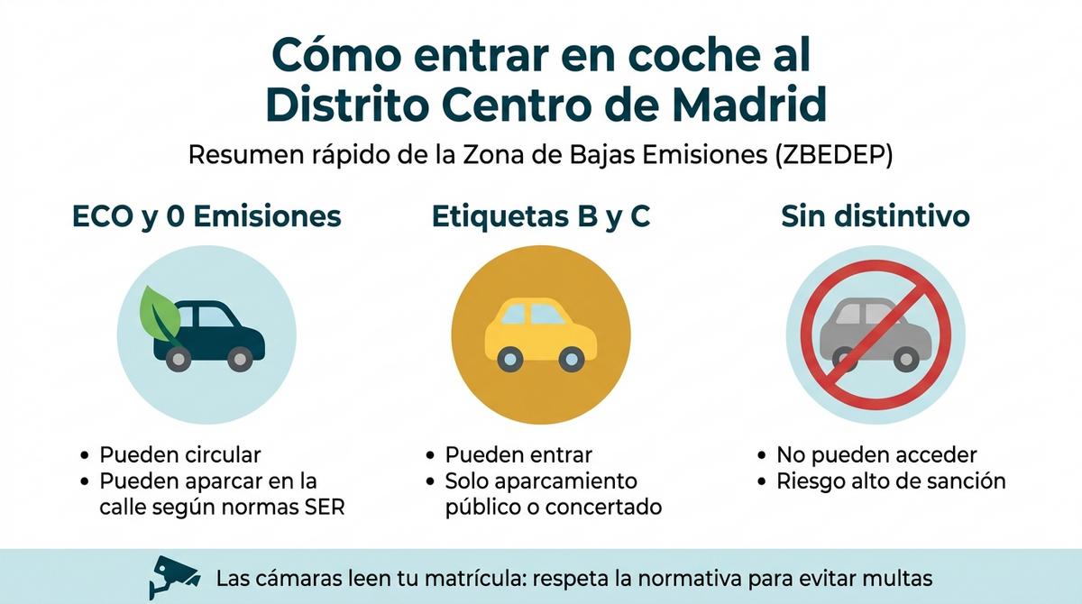 Infografía con un resumen visual de las normas de acceso en coche al Distrito Centro de Madrid según la etiqueta ambiental.