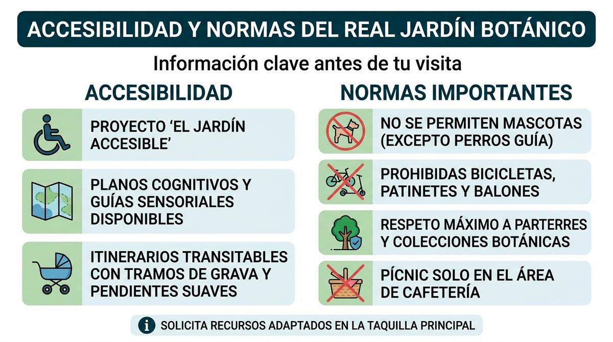 Infografía que explica la accesibilidad y las normas principales para visitar el Real Jardín Botánico de Madrid.