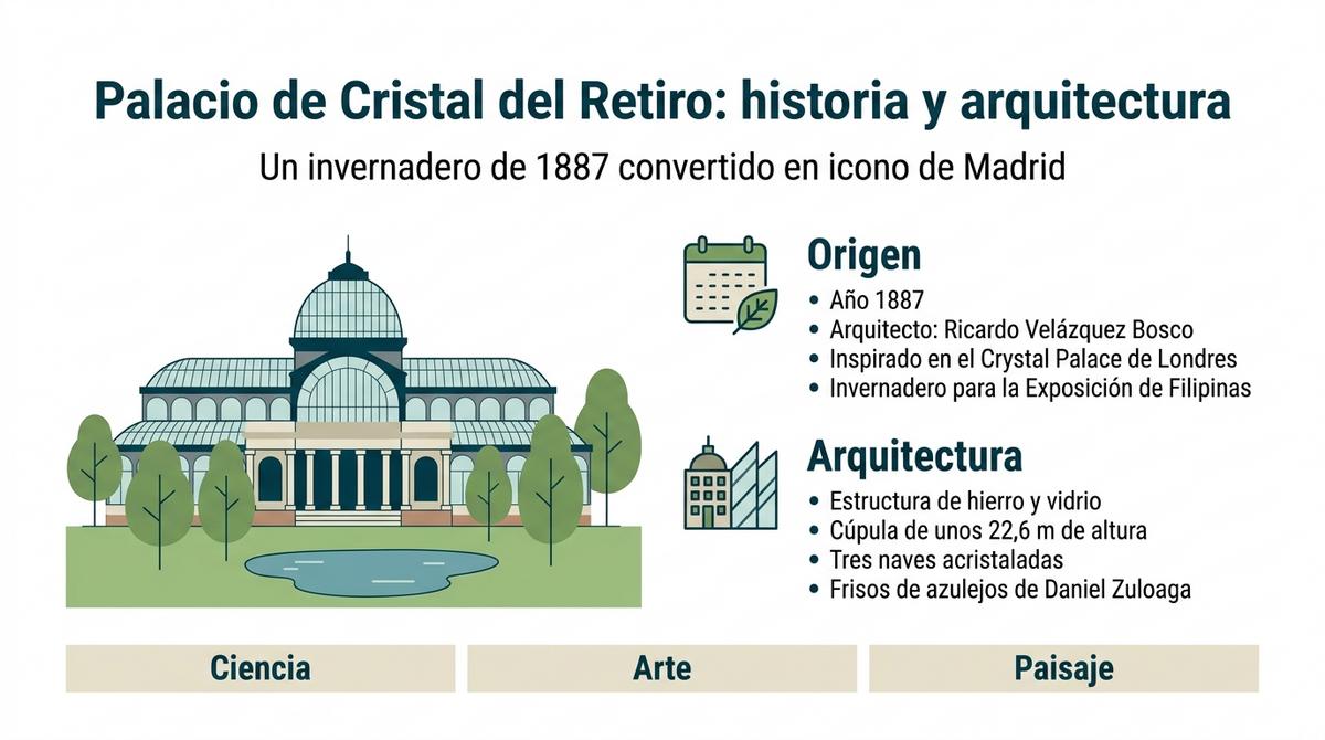 Infografía sobre la historia y la arquitectura del Palacio de Cristal del Retiro